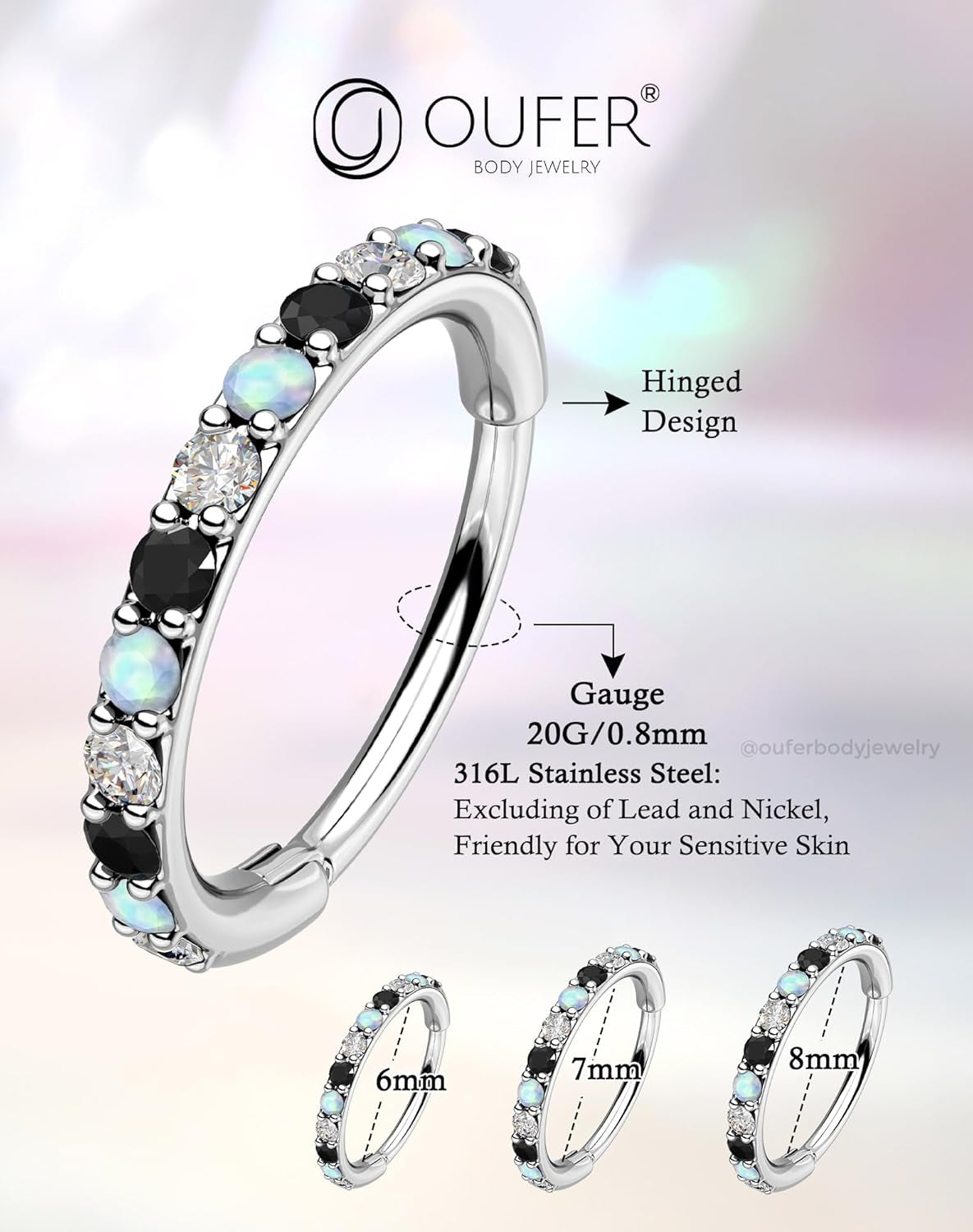 OUFER Opal and CZ 20G Nose Rings Hoops, 316L Surgical Steel Hinged Segment Nose Piercing Jewelry, Septum Lip Eyebrow Rings Cartilage Conch Rook Helix Tragus Daith Earrings for Women and Men-6/7/8Mm