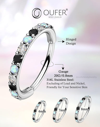 OUFER Opal and CZ 20G Nose Rings Hoops, 316L Surgical Steel Hinged Segment Nose Piercing Jewelry, Septum Lip Eyebrow Rings Cartilage Conch Rook Helix Tragus Daith Earrings for Women and Men-6/7/8Mm