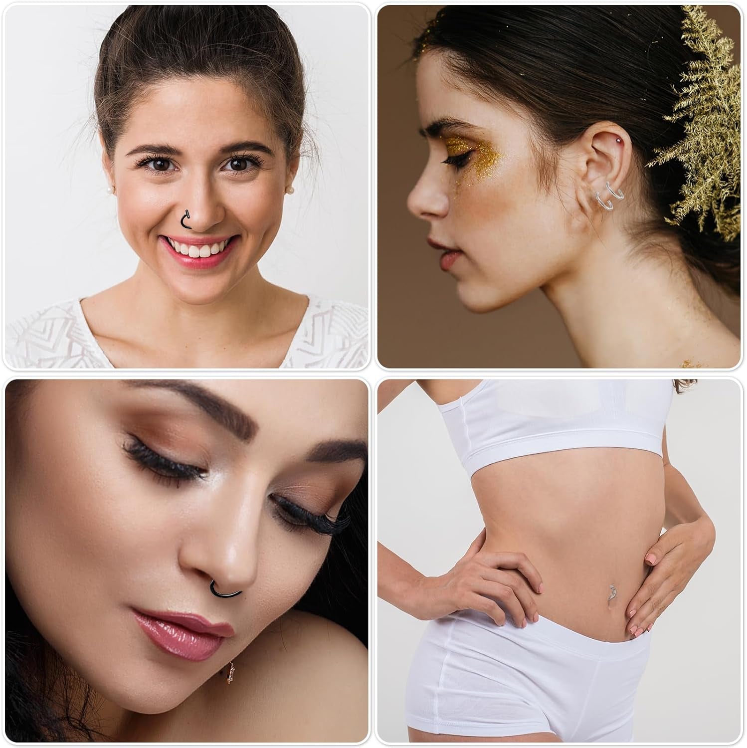 Fake Lip Piercing, 16 Pcs Stainless Steel Fake Lip Ring 8Mm Faux Nose Ring Non Piercing Hoop Nose Rings for Women Men (Silver, Black)