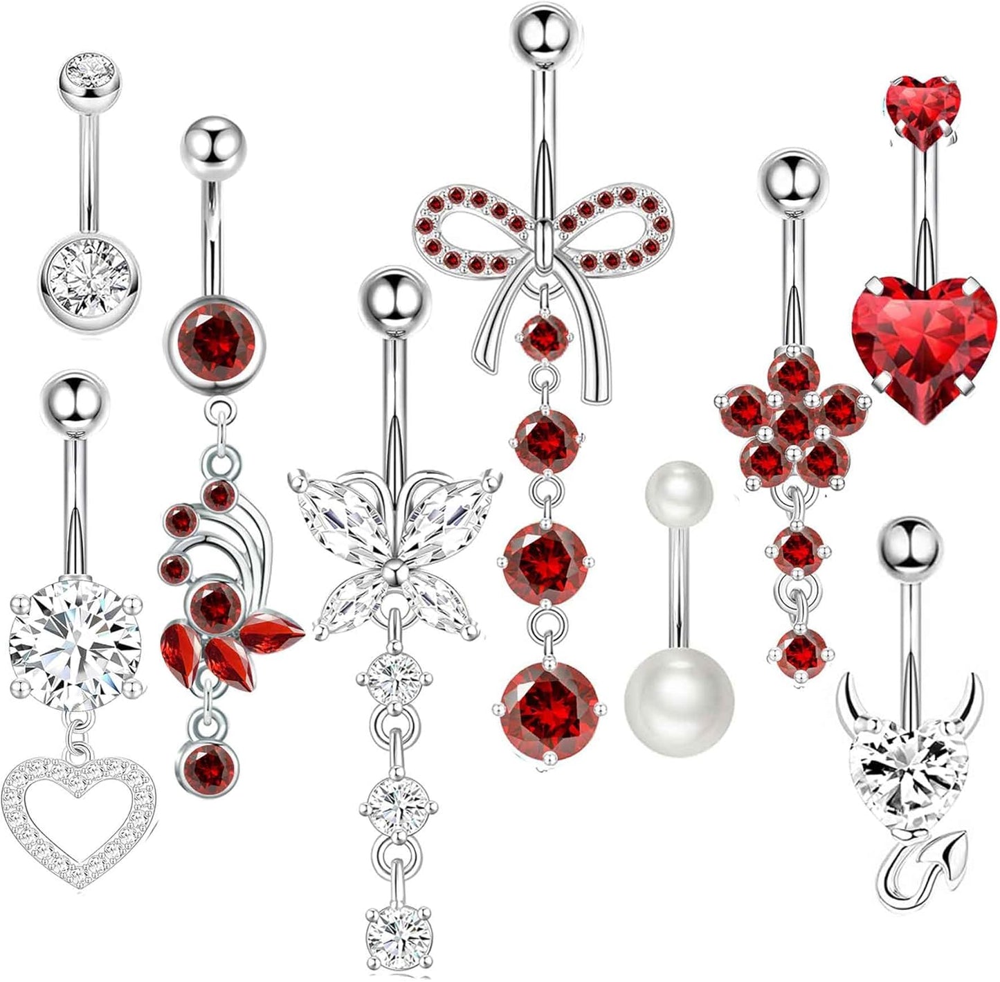 Suotarn 14G Belly Button Ring Dangle Belly Rings Surgical Stainless Steel Cute Bow Butterfly Heart Flower Dangling Belly Button Piercing Jewelry for Women Silver Dainty Dangly Navel Ring