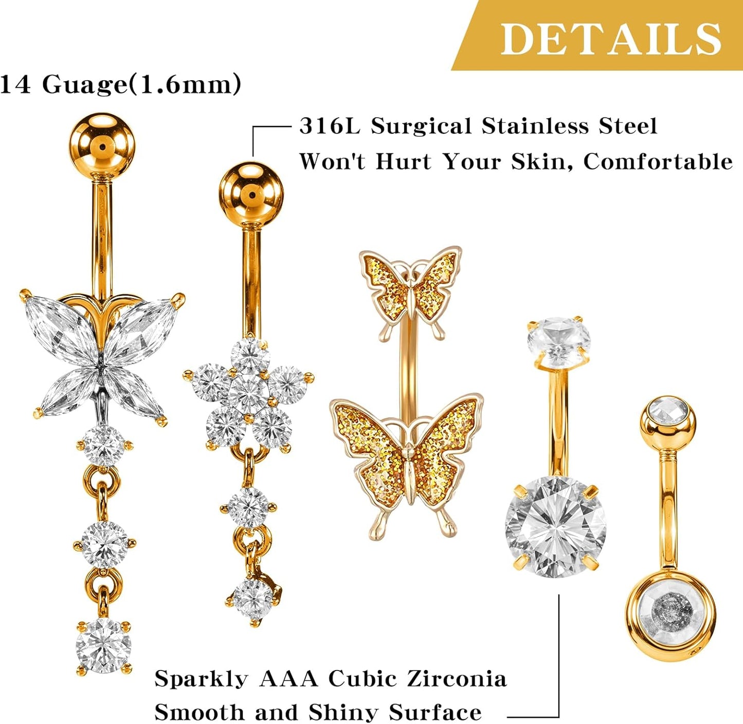 5Pcs Long Belly Button Rings,Stainless Steel Diamond Belly Rings for Women