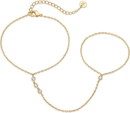 PAVOI 14K Gold Plated Hand Chains for Women - Adjustable Hand Chain Bracelet and Ring - Trendy Gold Handchain Bracelet Stack Summer Jewelry - Beads, Pearl, and Cubic Zirconia Body Jewelry