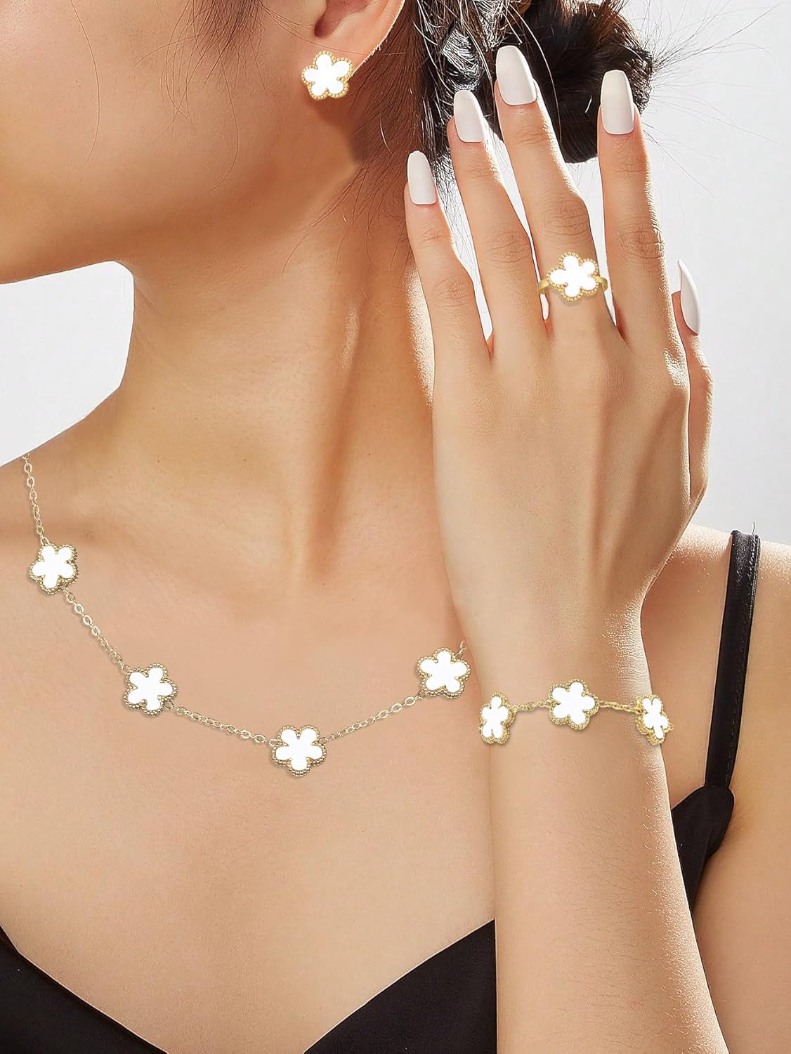 14K Gold Plated Double Sided Clover Bracelet Earring Necklace Rings Clover Sets for Women Lucky Jewelry