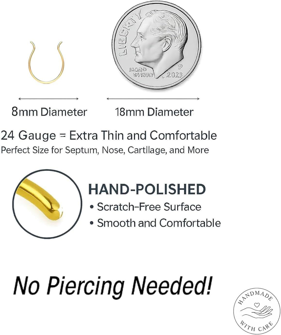 ALOME PIERCINGS Gold Fake Septum Ring - Thin Tiny 24 Gauge 8Mm Faux Septum Piercing Hoop - 14K Gold Filled Clip on Fake Septum Rings for Women - No Piercing Needed - Gift Ready