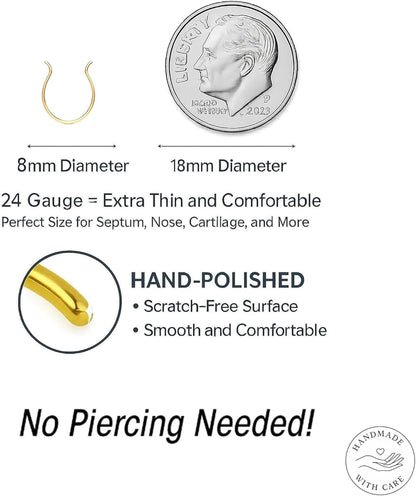 ALOME PIERCINGS Gold Fake Septum Ring - Thin Tiny 24 Gauge 8Mm Faux Septum Piercing Hoop - 14K Gold Filled Clip on Fake Septum Rings for Women - No Piercing Needed - Gift Ready