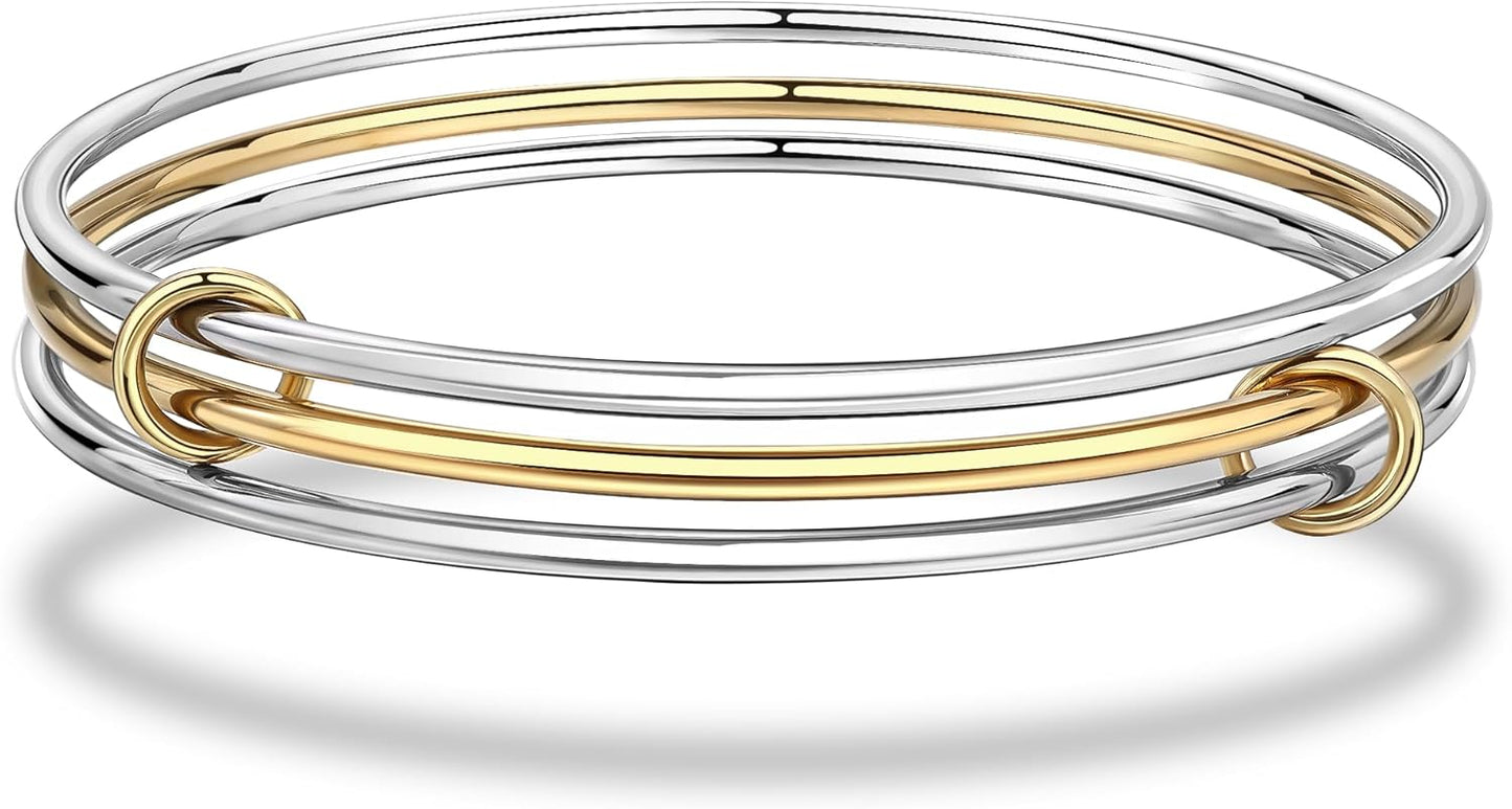Stackable Bangles Bracelets for Women Trendy 18K Gold Plated Stainless Steel Non Tarnish Mixed Metal Bracelet Stack Triple Interlocked Two Tone Jewelry Set Gold and Silver Bracelets for Women