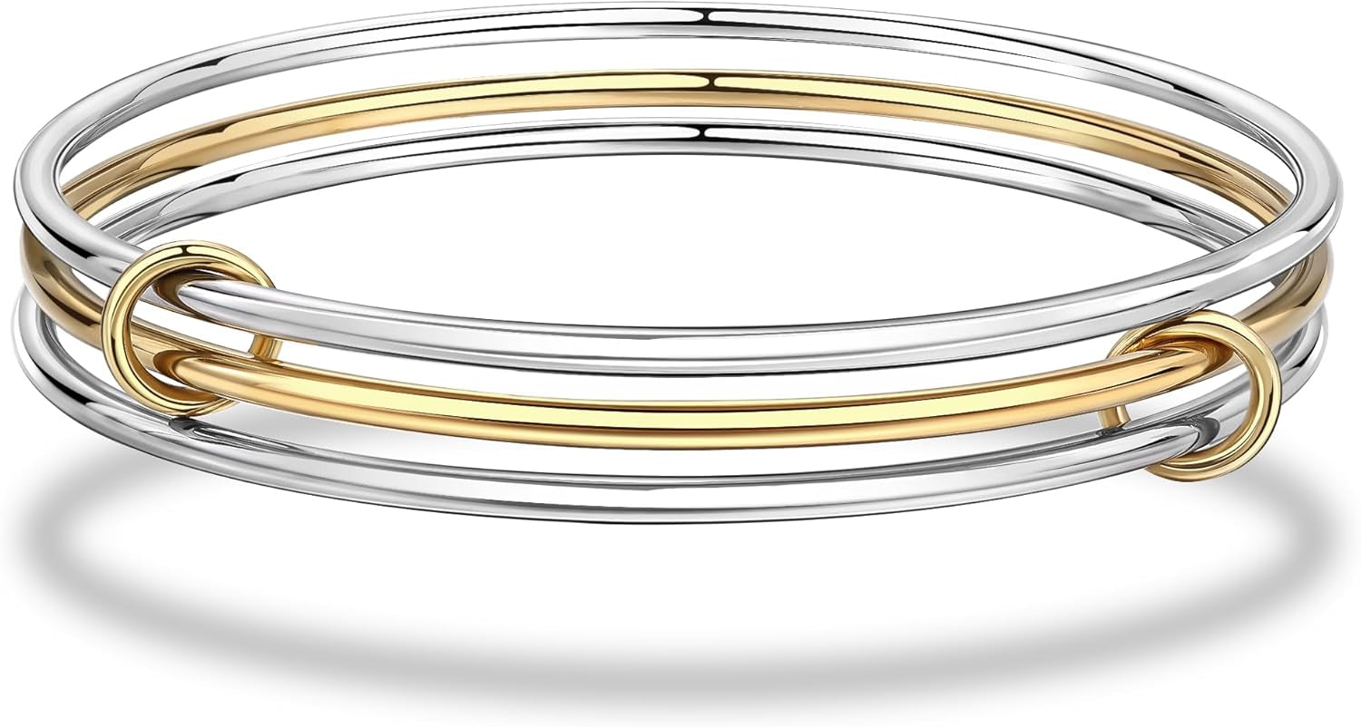 Stackable Bangles Bracelets for Women Trendy 18K Gold Plated Stainless Steel Non Tarnish Mixed Metal Bracelet Stack Triple Interlocked Two Tone Jewelry Set Gold and Silver Bracelets for Women