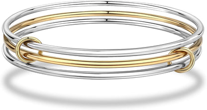 Stackable Bangles Bracelets for Women Trendy 18K Gold Plated Stainless Steel Non Tarnish Mixed Metal Bracelet Stack Triple Interlocked Two Tone Jewelry Set Gold and Silver Bracelets for Women