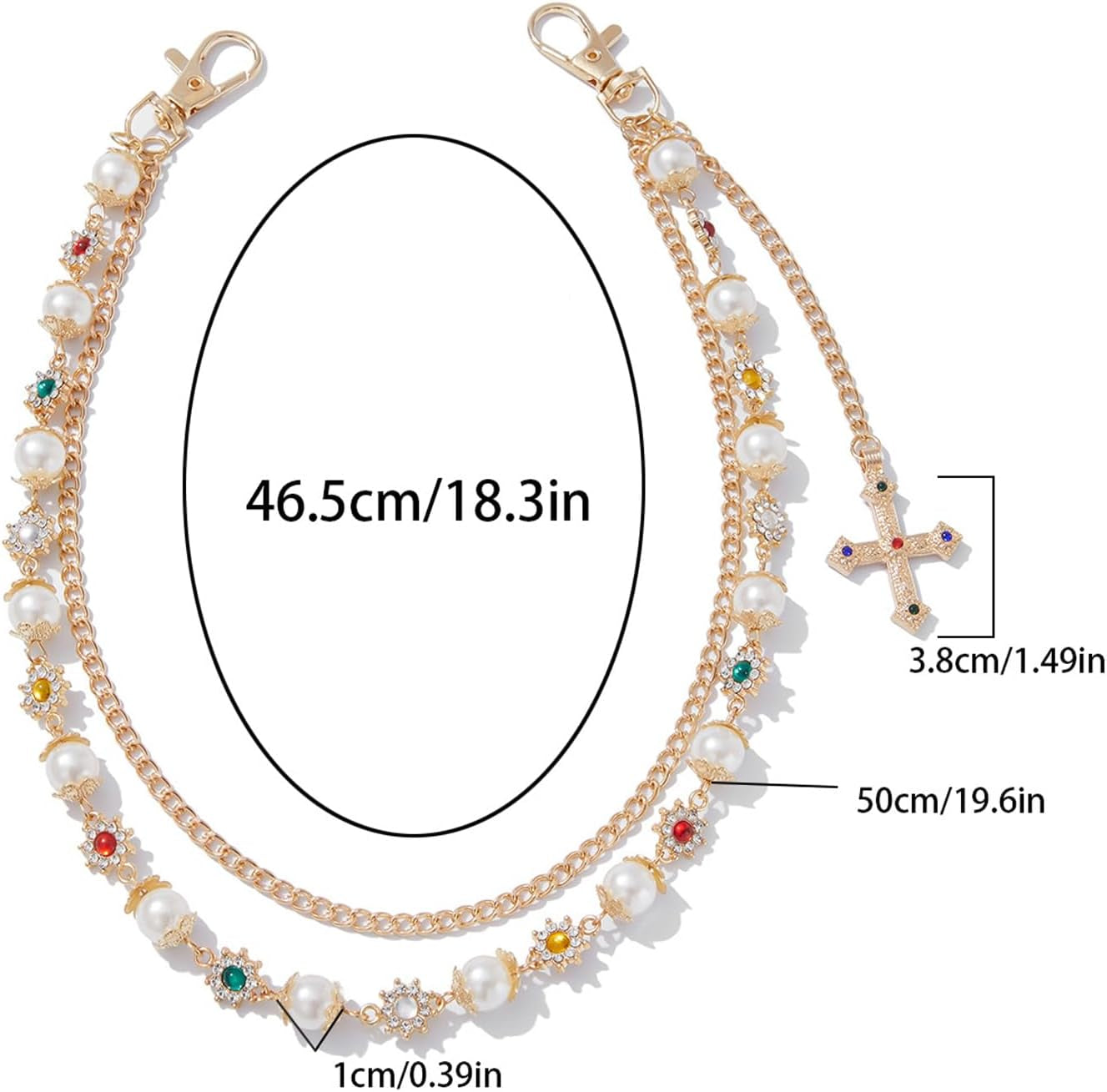 Rhinestone Waist Body Chain Jewelry Pearl Waist Belt Goth Cross Pendant Pants Chain Hip-Hop Jean Trouser Keychains Jewelry for Men Women