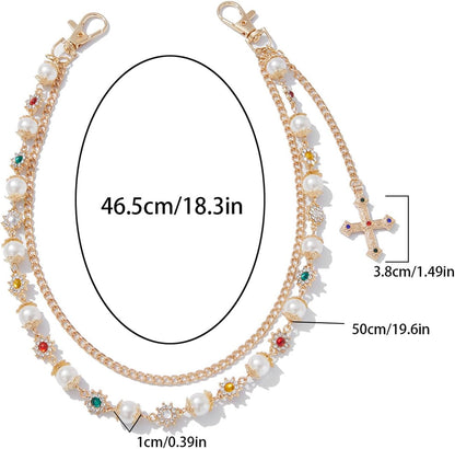 Rhinestone Waist Body Chain Jewelry Pearl Waist Belt Goth Cross Pendant Pants Chain Hip-Hop Jean Trouser Keychains Jewelry for Men Women