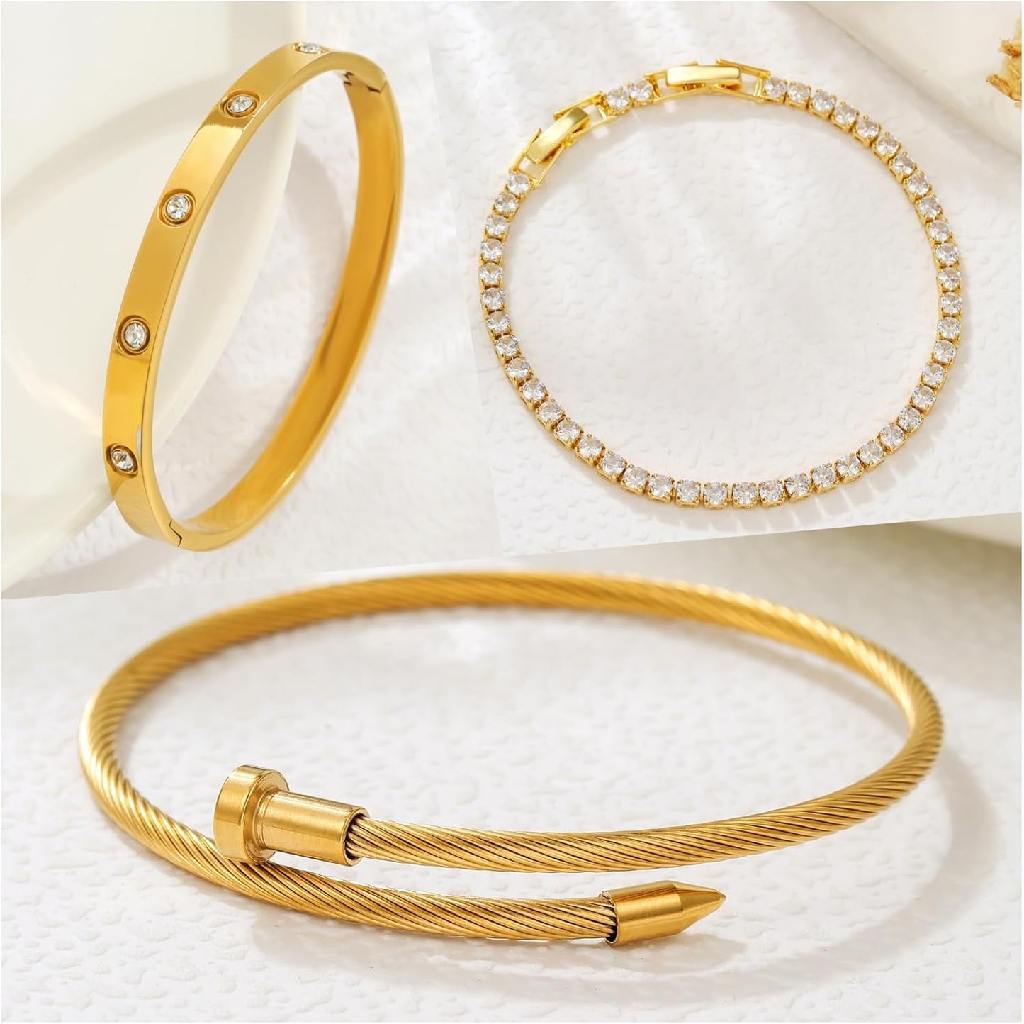 Gold Plated Bangle Bracelets for Women Stackable 18K Gold Plated Stainless Steel Love Bracelet Set Nail Cuff Bangle Set for Love Jewelry Adjustable Tennis Bracelet Non Tarnish Gift Jewelry