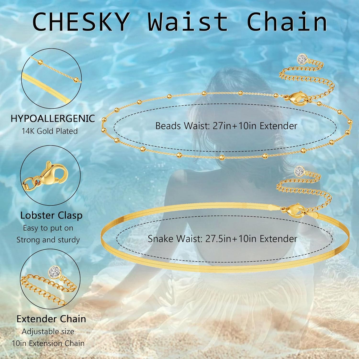 CHESKY 14K Gold Plated Silver Plated Waist Chain for Women, Layered Belly Belt Chains Beach Waist Beads Chain Waterproof Snake Cuban Body Chain Summer Jewelry Accessories for Women