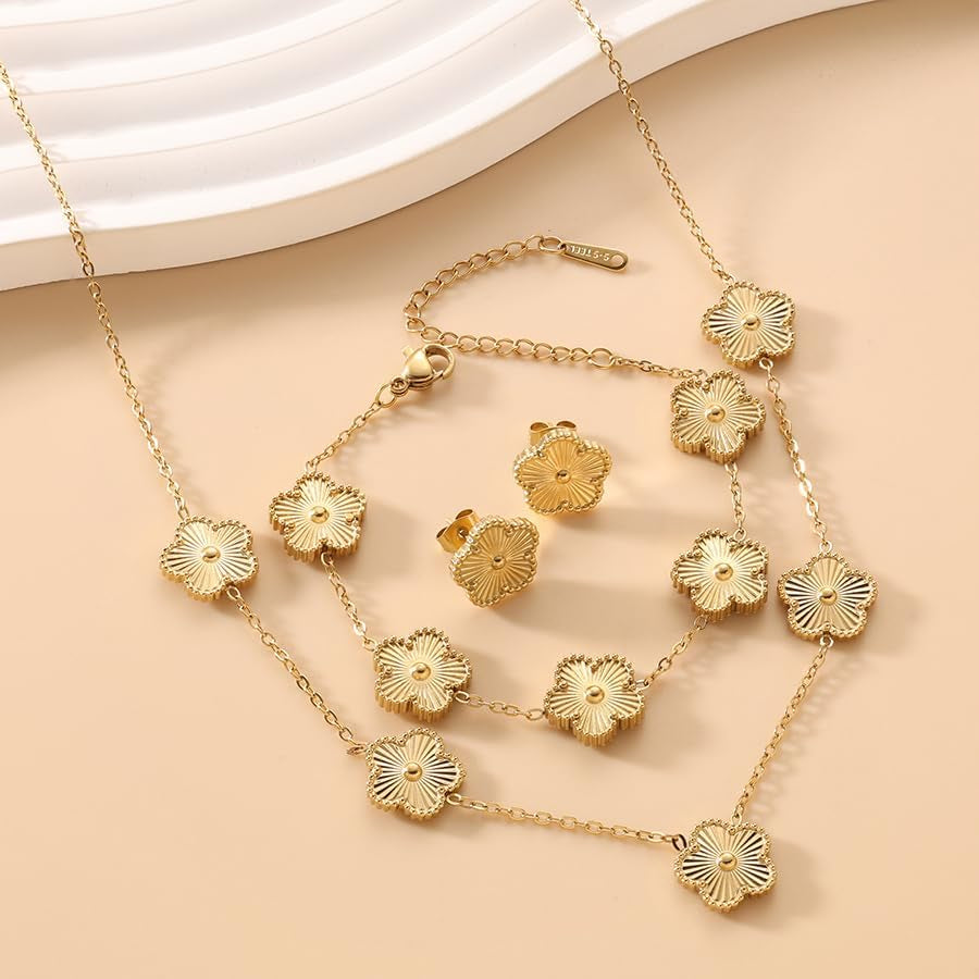 Lucky Clover Necklace Jewelry Sets,18K Gold Plated Flower Design Five Leaf Bracelet,Clover Necklace Pendant,Clover Earrings for Women Lucky, 4 Leaf Clover Necklace