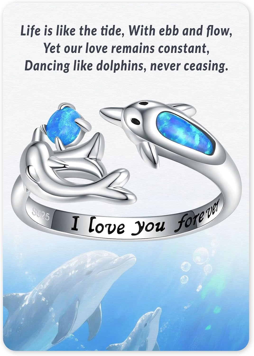 925-Sterling-Silver Opal/Turquoise Sea Turtle/Dolphin/Sea Life Ring - Inspirational I Love You Forever Adjustable Open Nature Ocean Mother Daughter Ring Cute Animal Jewelry Gifts for Women