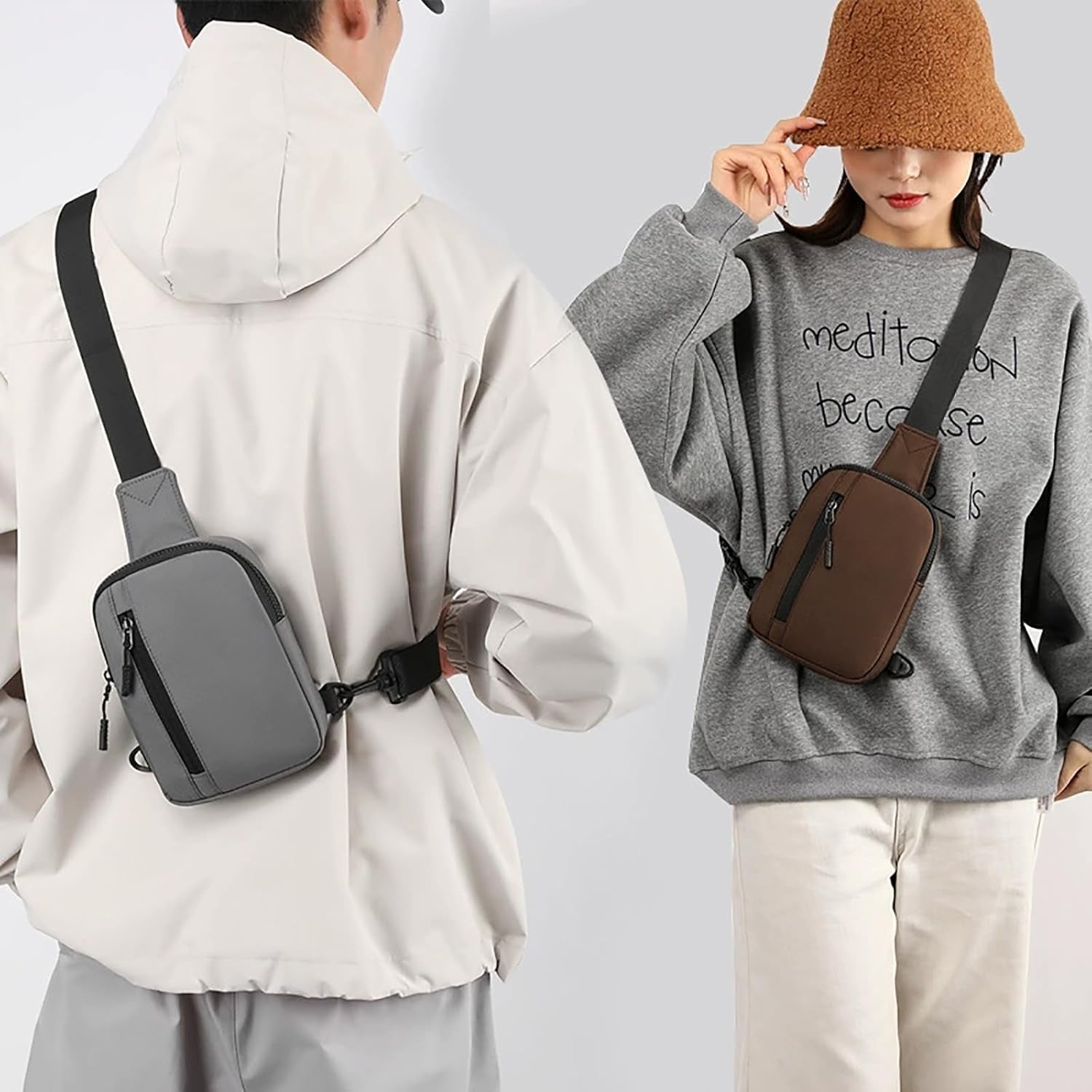 Woman wearing mini crossbody bag hidden under jacket while traveling