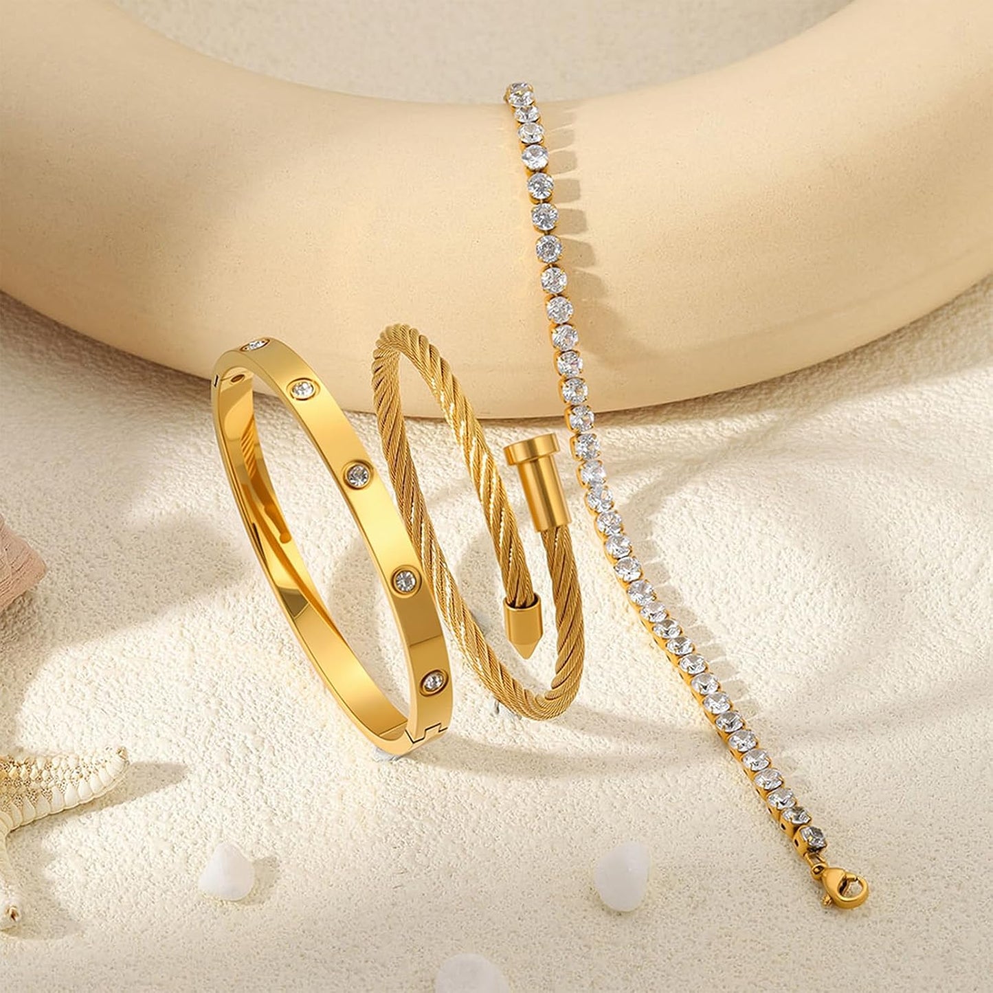 Gold Bracelets for Women- 18K Gold Plated Stainless Steel Love Bangle, Nail & Tennis Bracelets Stack Set for Women with Gift Box |Accessories Designer Jewelry