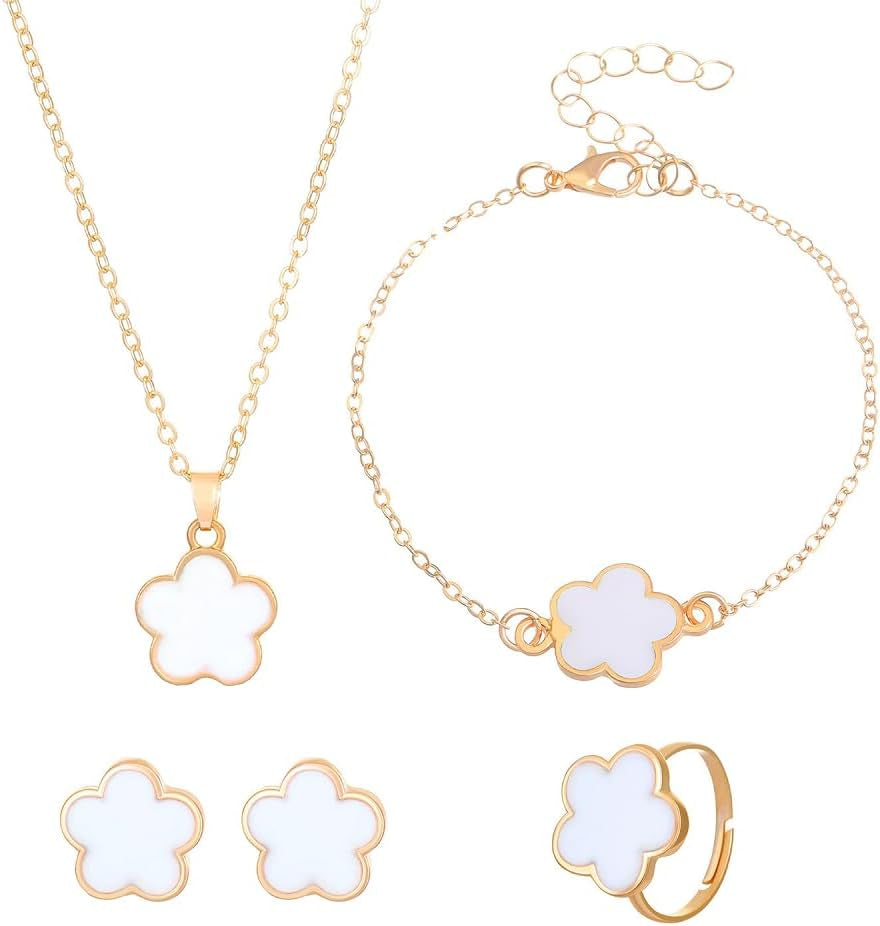 Caiyao Multicolor Five-Leaf Clover Blossom Flower Earrings Necklace Bracelet and Ring Set Lucky Five-Leaf Blossom Flower Jewelry Set for Women