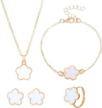 Caiyao Multicolor Five-Leaf Clover Blossom Flower Earrings Necklace Bracelet and Ring Set Lucky Five-Leaf Blossom Flower Jewelry Set for Women