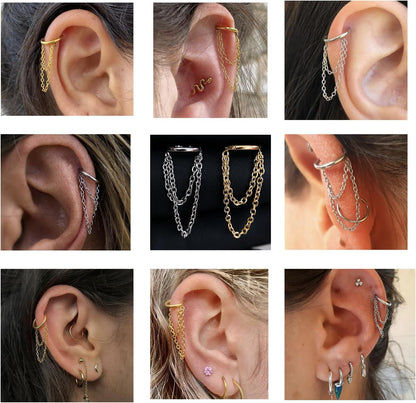 16G Titanium Cartilage Earrings Hoop 7Mm 9Mm Helix Piercing Jewelry with Single/Double/Triple Chains Hypoallergenic Hinged Clicker