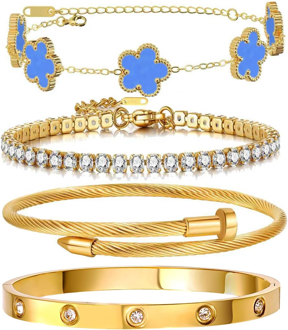 Gold bangle bracelet stack showing multiple styles together
