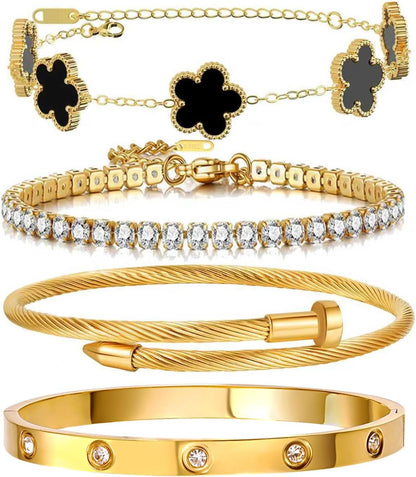 Gold Bracelets for Women, 18K Gold Plated Women Tennis Bracelets Clover Nail Love Bangle Bracelet Set, Gold Bracelet Stackable Set Trendy Jewelry, Gifts for Women'S Day and Mother'S Day