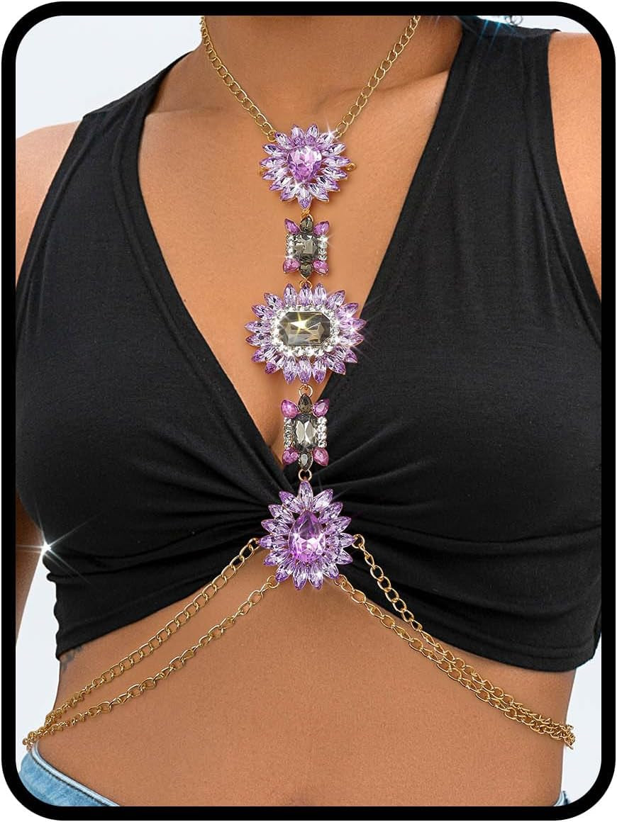 ELABEST Boho Rhinestone Statement Chest Chain Crystal Necklace Body Chain Summer Beach Body Jewelry Accessories for Women