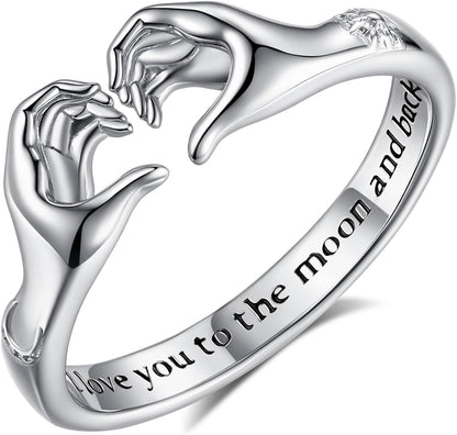 EUDORA heart hug sterling silver promise ring for couples with adjustable band