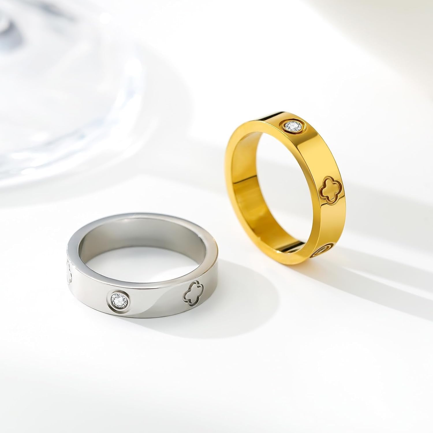 18K Gold Plated Wedding Rings for Women, Cubic Zirconia Clover Promise Ring, Stainless Steel Band Size 5-12, Elegant Jewelry Gifts