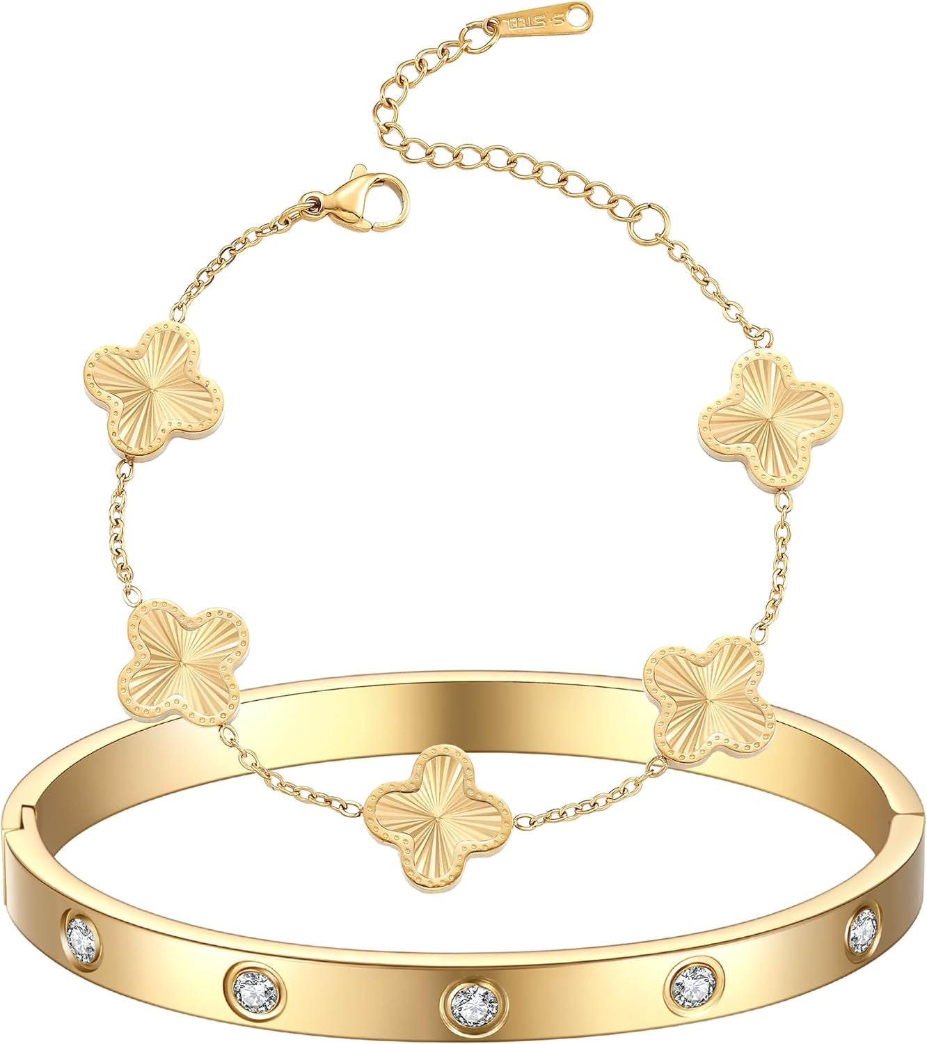 18K Gold Plated Clover Bracelet Love Bangle Set for Women Stackable Cute Fashion Simple Friendship Bracelets Lucky Bracelet Jewelry Trendy Gifts for Women