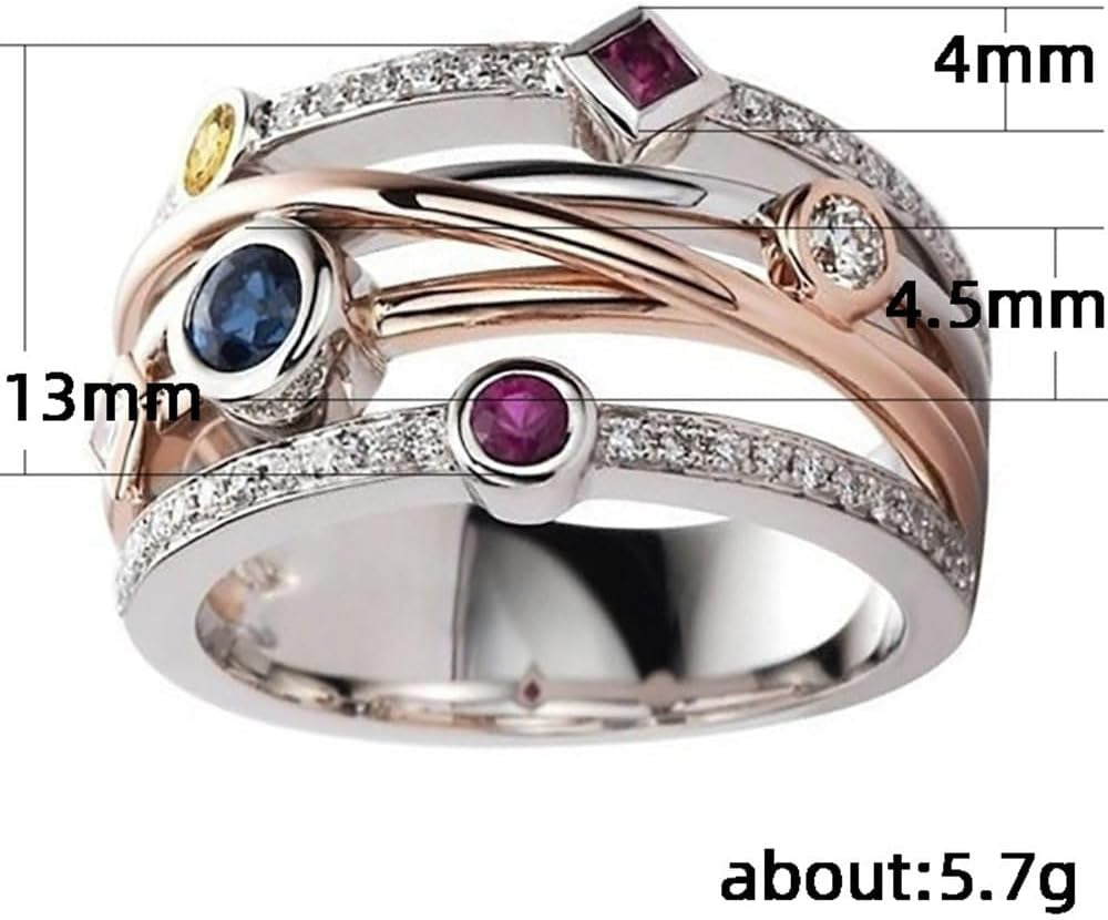 White Gold Plated Geometric Lines Two Color Cubic Zirconia Boho Style Statement Ring Personalized Accessory Ideal for Women'S Daily Casual Wear Party Holiday Anniversary Love Jewelry Gift