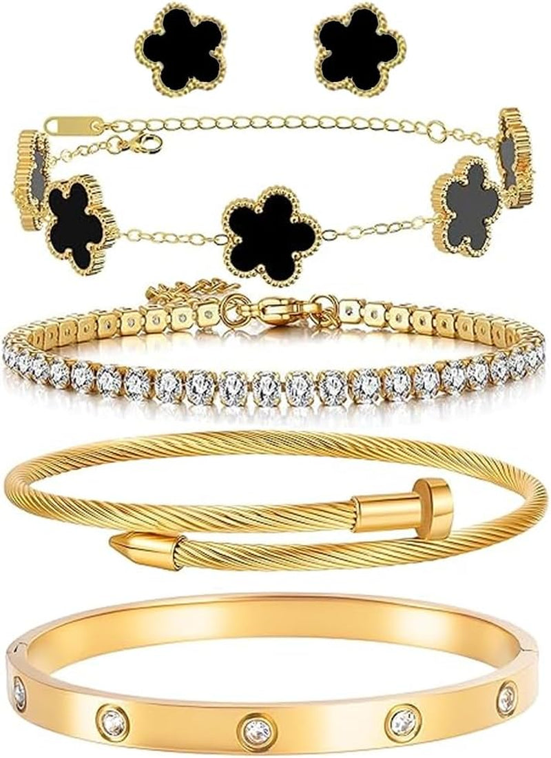 Freinit Bracelets and Earrings Set for Women 5Pcs 18K Gold Plated Nail Love Bangle Bracelet Set Adjustable Bracelet Stackable Flower Tennis Bracelet Gifts for Christmas Valentines Women'S Day and Mother'S Day