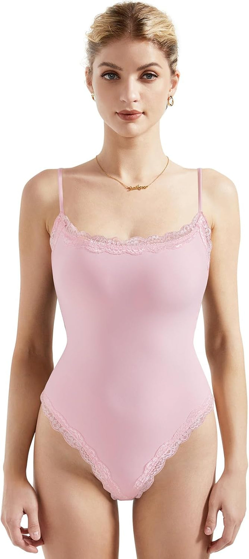 SUUKSESS Women Square Neck Lace Bodysuit Sleeveless Spaghetti Strap Tank Top