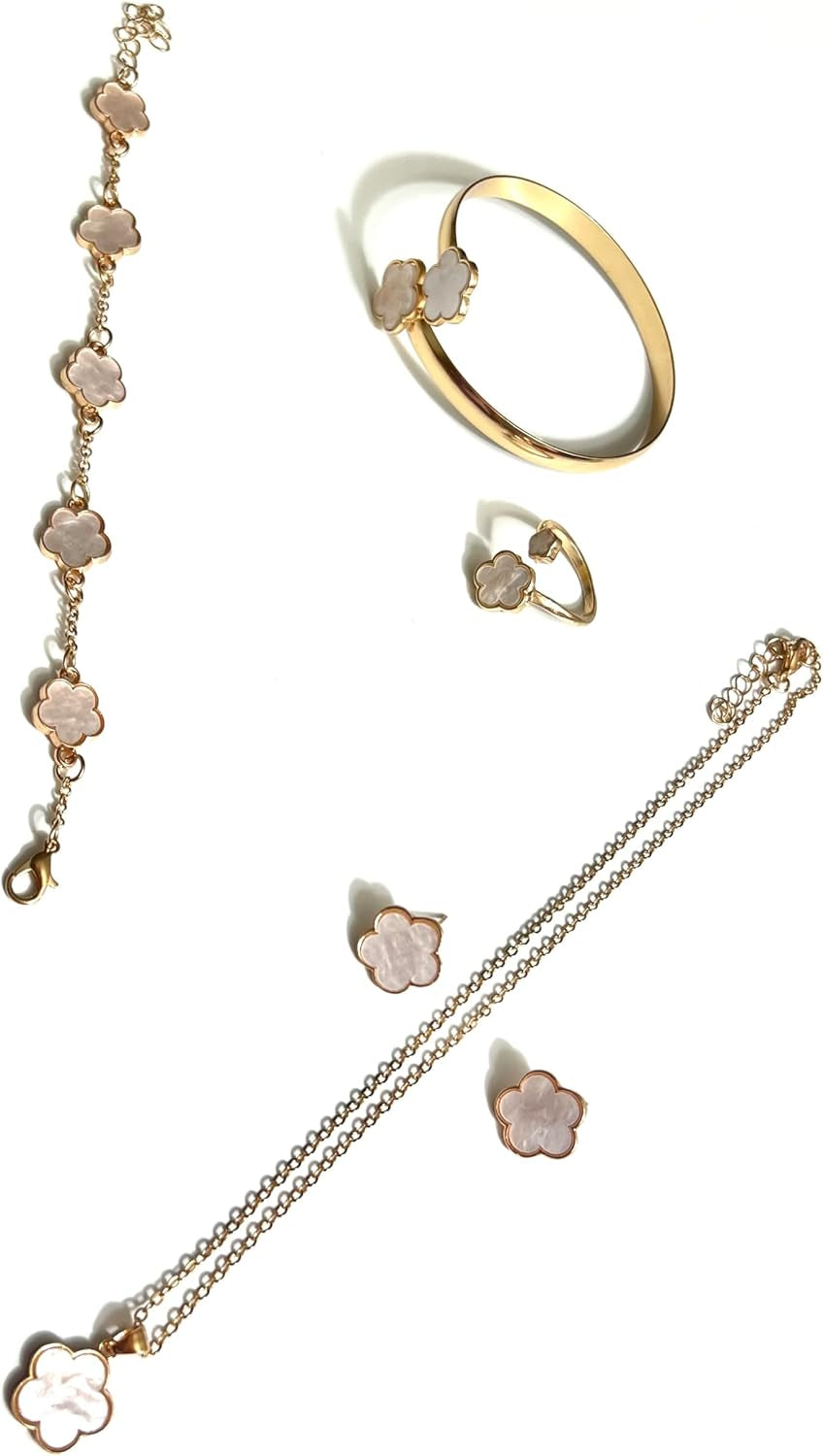 6Pcs/Set Fashion Lucky Clover Design Necklace, Earrings, Bracelet and Ring Jewelry Set, Unisex Jewelry Gift