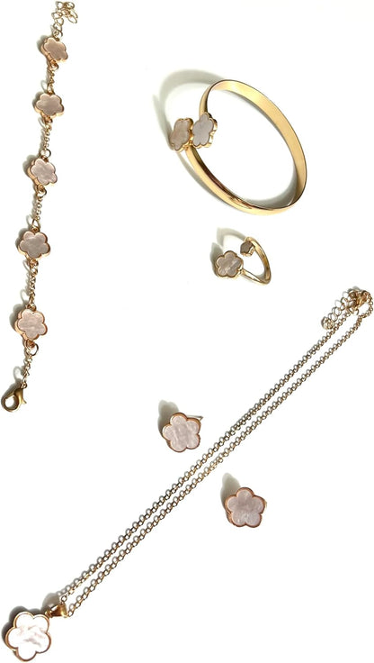 6Pcs/Set Fashion Lucky Clover Design Necklace, Earrings, Bracelet and Ring Jewelry Set, Unisex Jewelry Gift