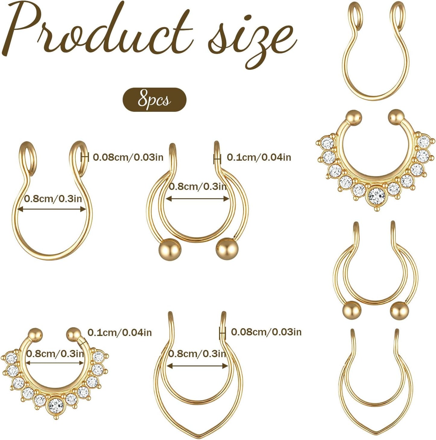 Fake Nose Ring, 8 Pcs Stainless Steel Fake Septum Piercing Faux Septum Rings Faux Clip on Nose Ring for Women Men Non Piercing Nose Jewelry (Gold)