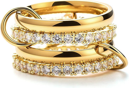 18K Gold Plated Stackable Rings for Women with Gift Box – Silver & Gold Multi-Link Connected Bands Set,Cubic Zirconia Mixed Metals Rings, Tarnish-Resistant Jewelry