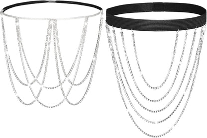 Sureio 2 Pieces Crystal Leg Chains Rhinestone Sliver Thigh Chain Layered Body Jewelry for Women Beach Rave Party (Simple Style)