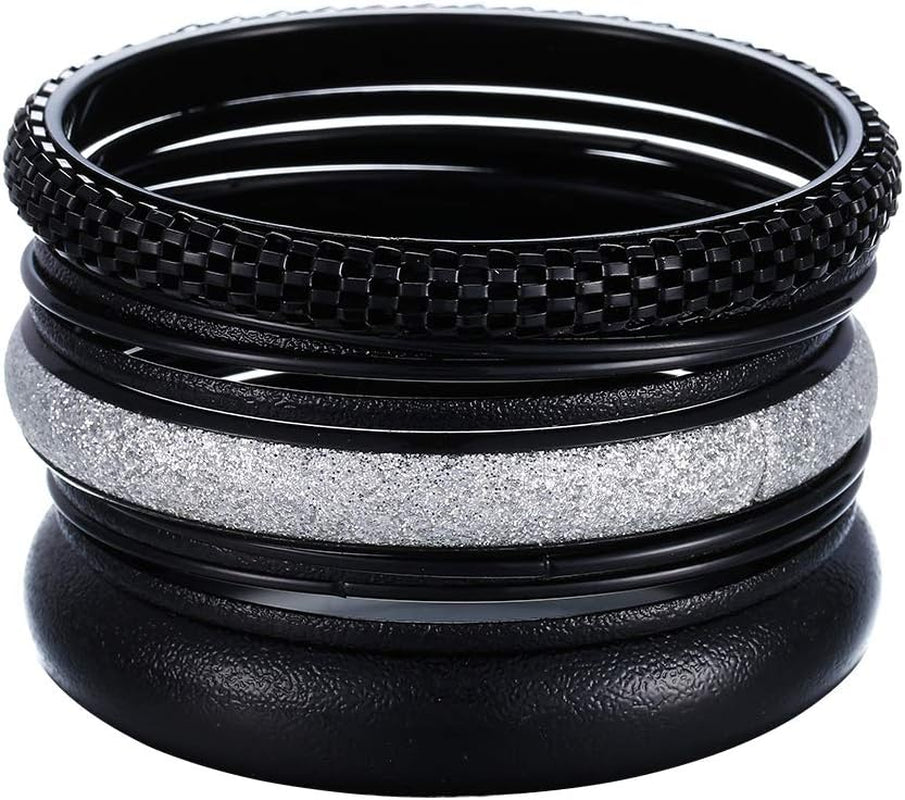 Ensoul Black W/Silver Glitter Multiple Metal Bracelets & Bangles Set for Women 12Pcs/Set