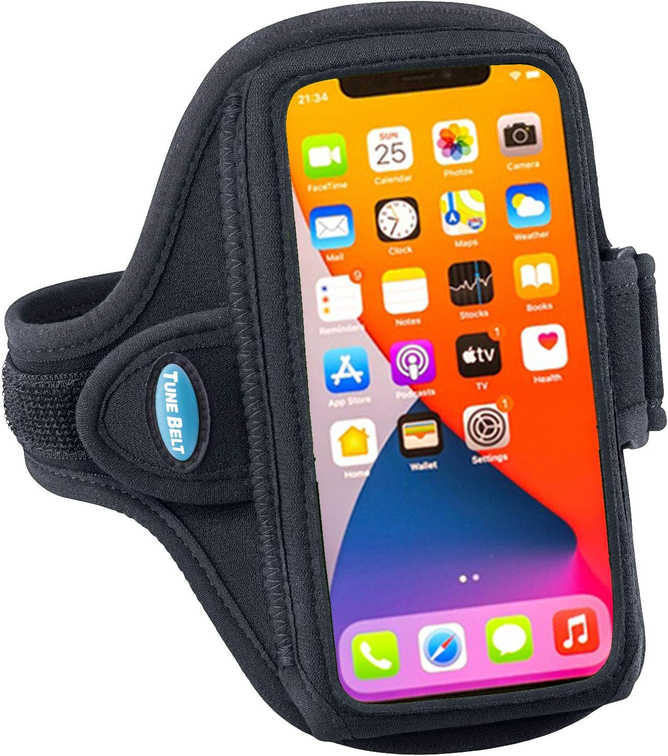 Tune Belt armband with reflective accents on woman's arm during evening run