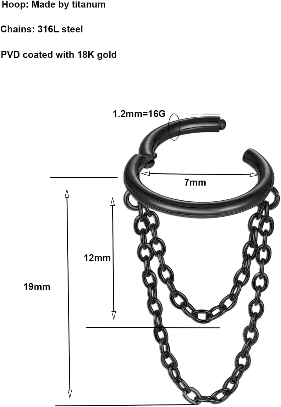 16G Titanium Cartilage Earrings Hoop 7Mm 9Mm Helix Piercing Jewelry with Single/Double/Triple Chains Hypoallergenic Hinged Clicker