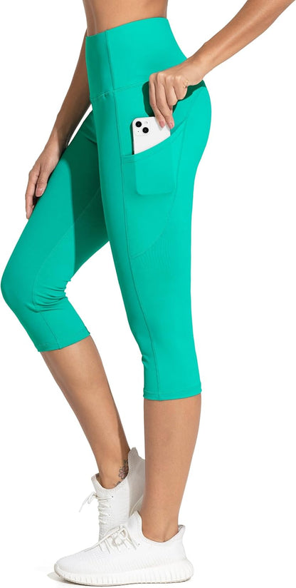 THE GYM PEOPLE Thick High Waist Capris Yoga Pants with Pockets, Tummy Control Workout Running Yoga Leggings for Women