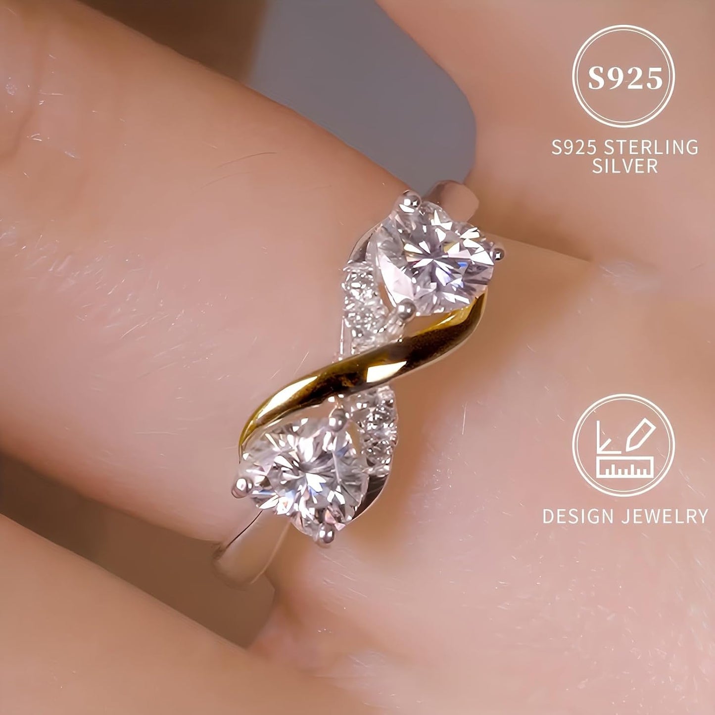Mother and Daughter Infinity Love Ring, Two-Tone Heart-Shaped Zirconia Stone, S925 Sterling Silver, Diamond Accent