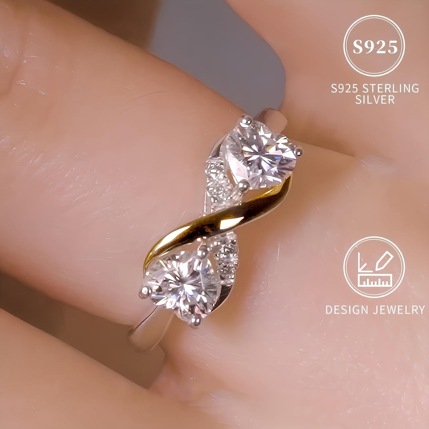 Mother and Daughter Infinity Love Ring, Two-Tone Heart-Shaped Zirconia Stone, S925 Sterling Silver, Diamond Accent
