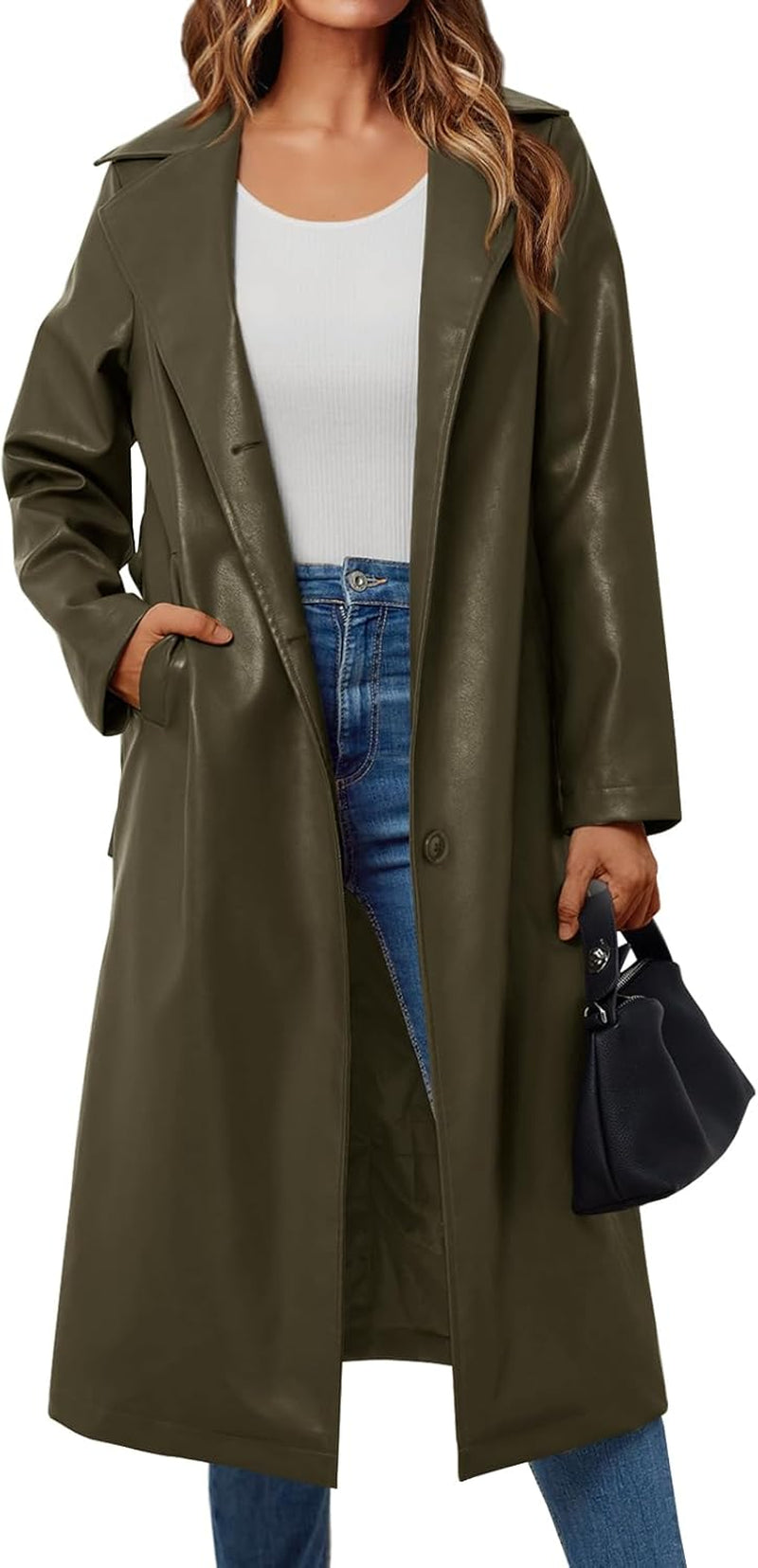 Back view of long leather trench coat with elegant drape