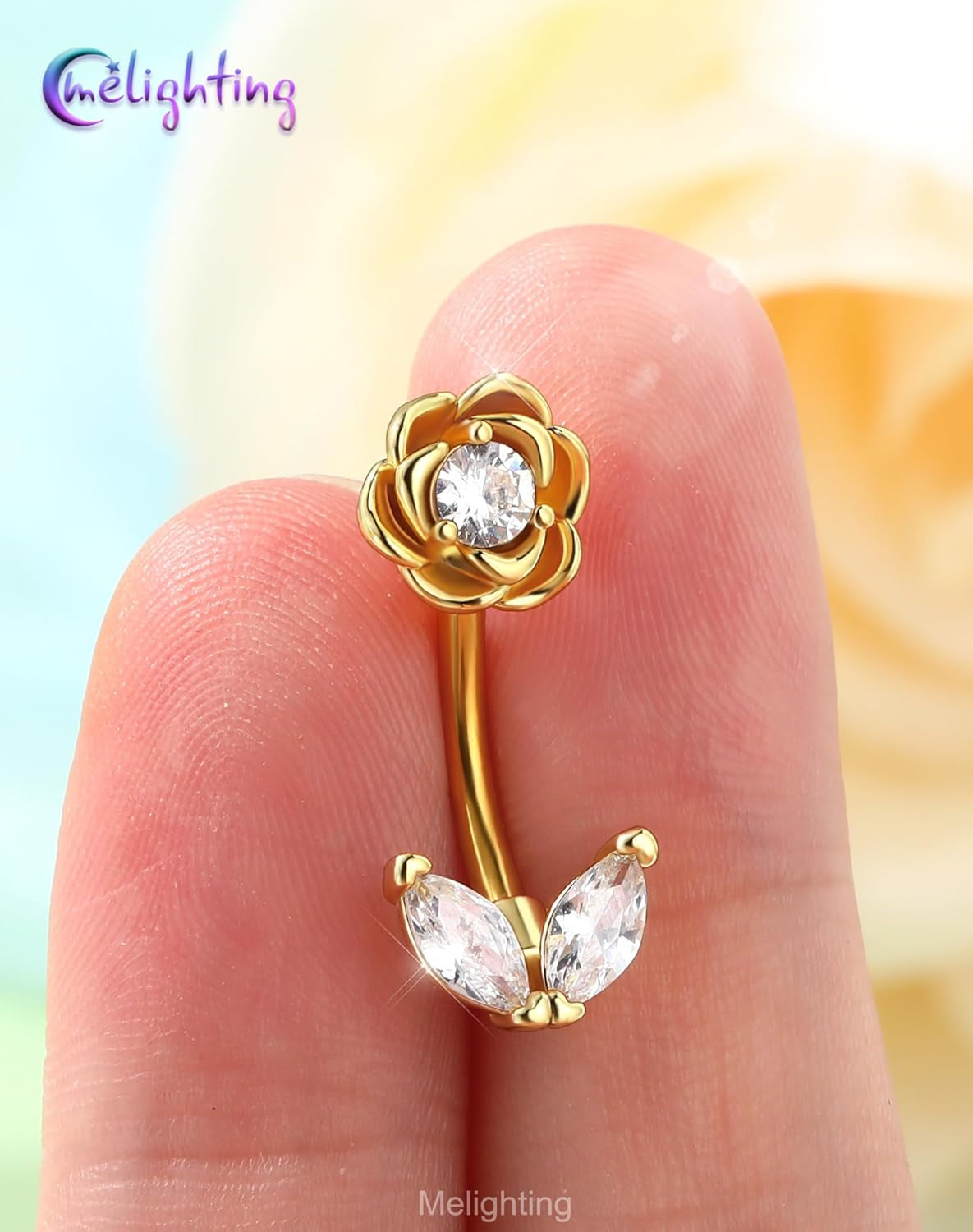 Melighting 14G Flower Belly Button Ring, 316L Surgical Steel Marquise CZ Belly Rings, Gold Navel Piercing Barbell, 10 Mm Silver Body Jewellery for Women