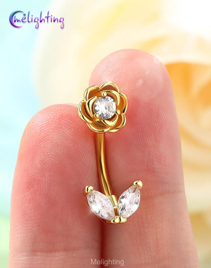 Melighting 14G Flower Belly Button Ring, 316L Surgical Steel Marquise CZ Belly Rings, Gold Navel Piercing Barbell, 10 Mm Silver Body Jewellery for Women
