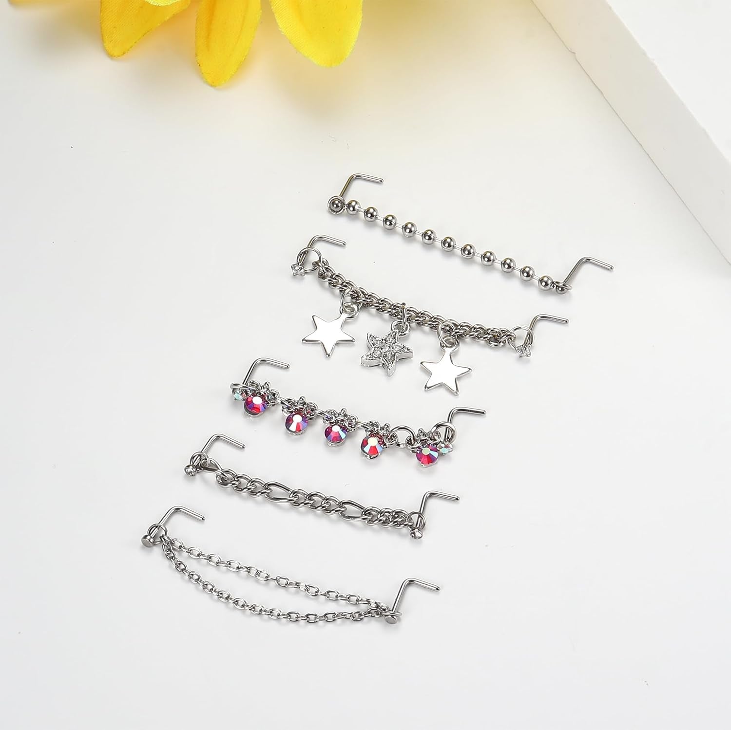 20G Nose Rings Studs with Chains African Nose Ring Cuff Horseshoe Septum Rings Stainless Steel Star Heart Nose Ring Chain Piercing Jewelry Set for Women Men