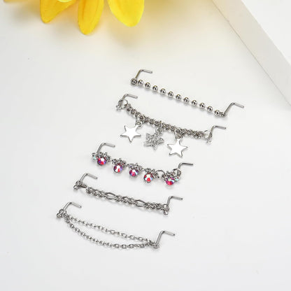 20G Nose Rings Studs with Chains African Nose Ring Cuff Horseshoe Septum Rings Stainless Steel Star Heart Nose Ring Chain Piercing Jewelry Set for Women Men