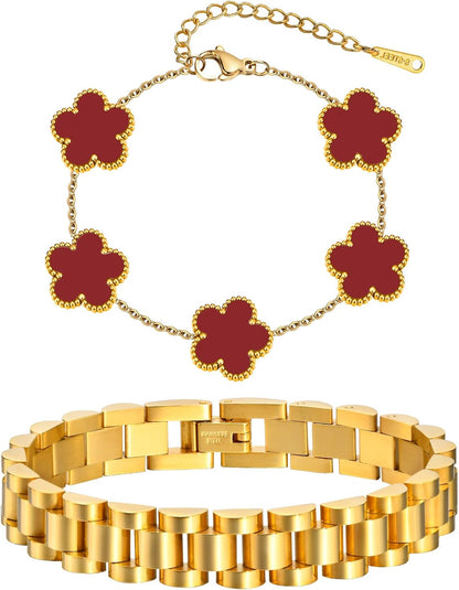 Stackable Gold Floral Bracelets Set , 2Pcs 18K Gold Plated Bracelet Non-Tarnish,Stainless Steel Link Chain Friendship Bracelet,Watch Band Trendy Jewelry,Christmas Valentines Birthday Gifts for Women