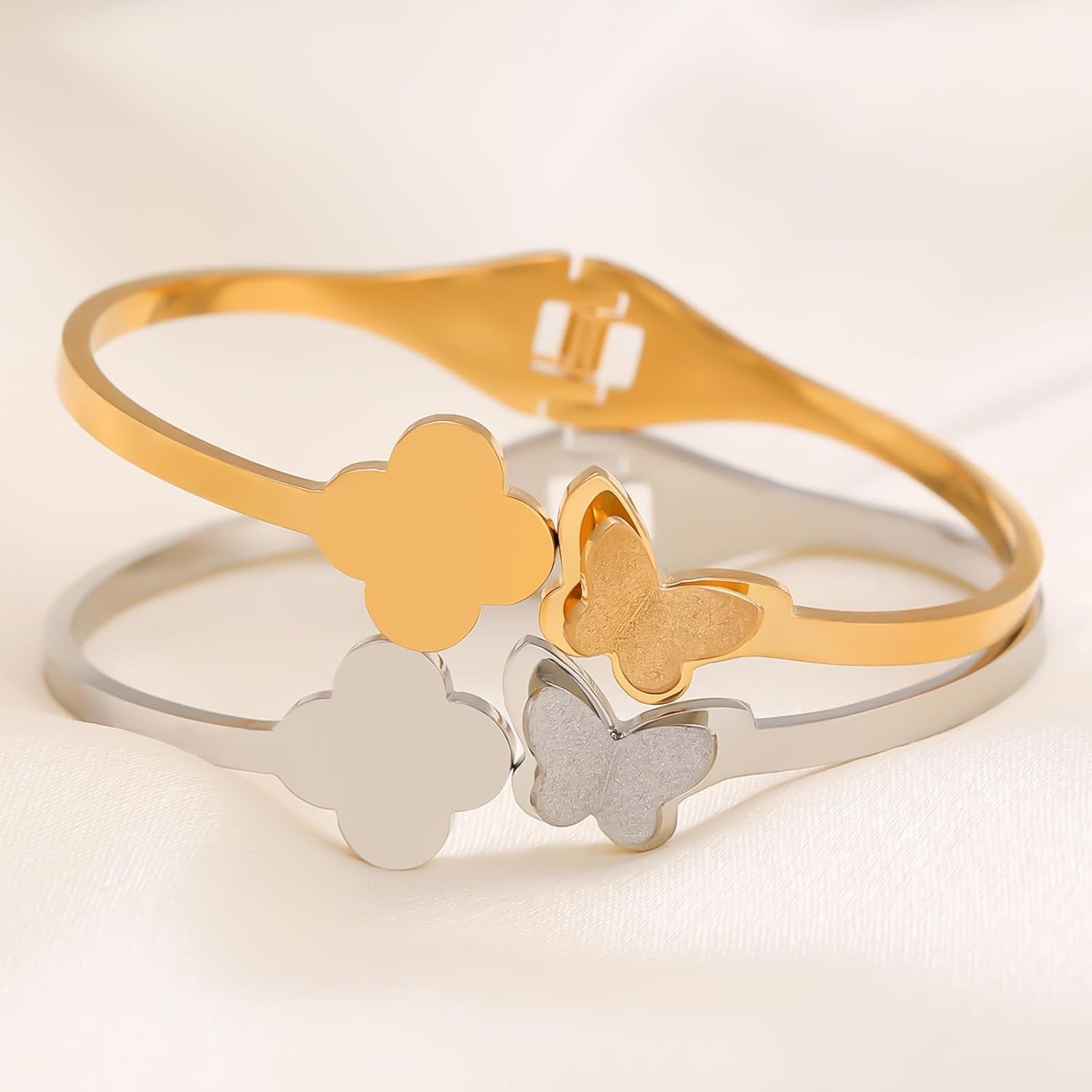 18 K Gold Plated Double Bangle Bracelet Stack Love Jewelry Set for Women Gift with Box (Butterfly)